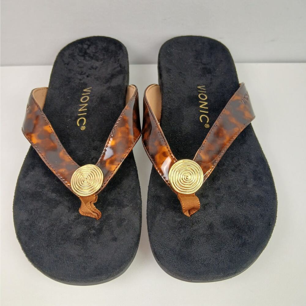 Vionic SZ 7 Hilda Tortoise Patent Leather Flip-Flop Sandal In Black/Brown NWOT - Picture 4 of 9